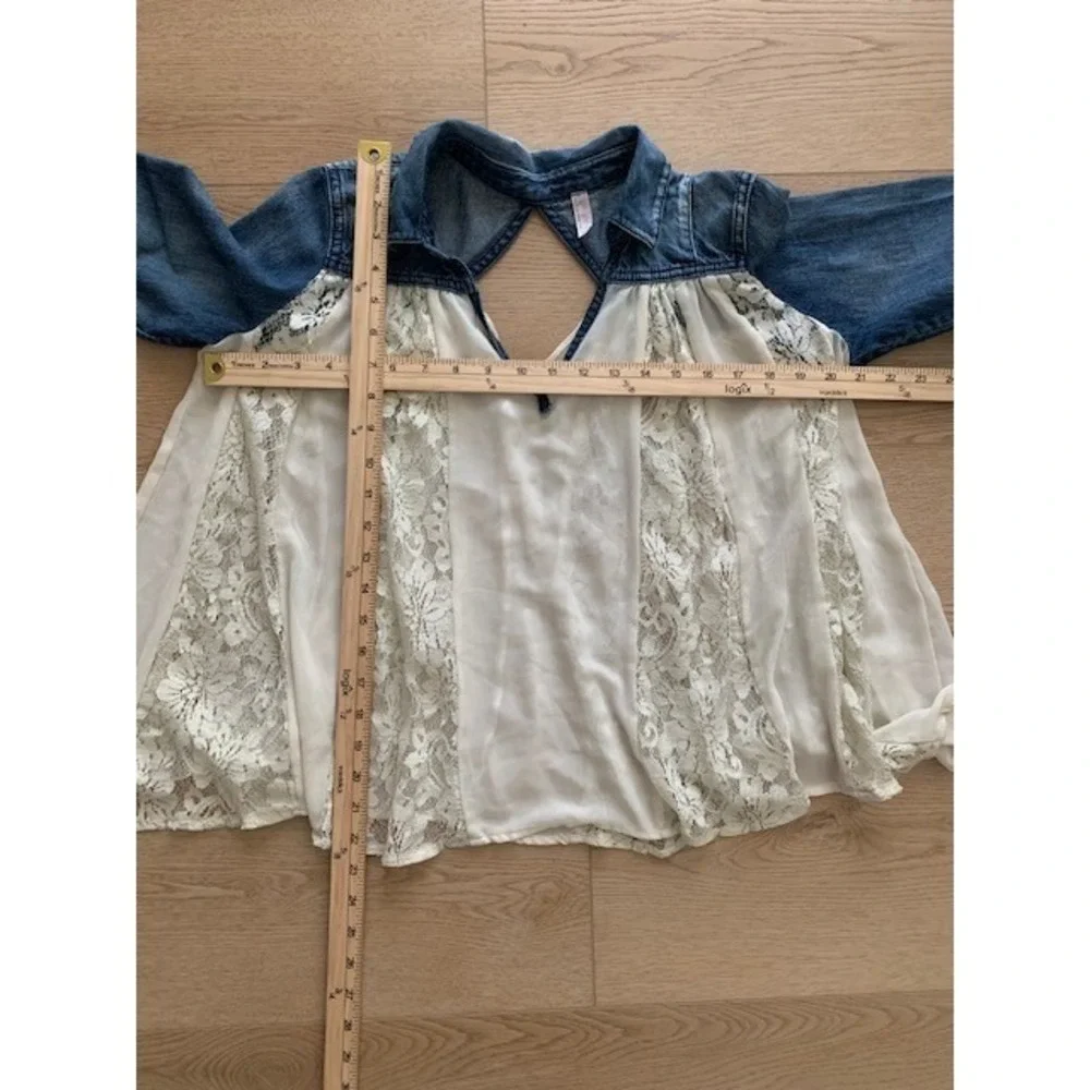 Free People Cream Lace Front Denim Contrast Top